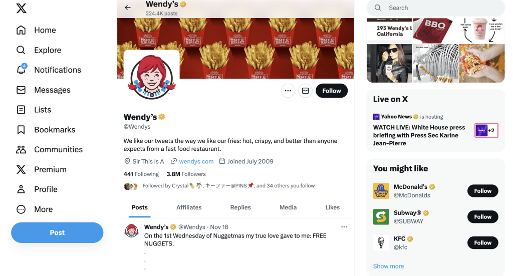 Wendy's Twitter account gained acclaim for its humorous and witty responses